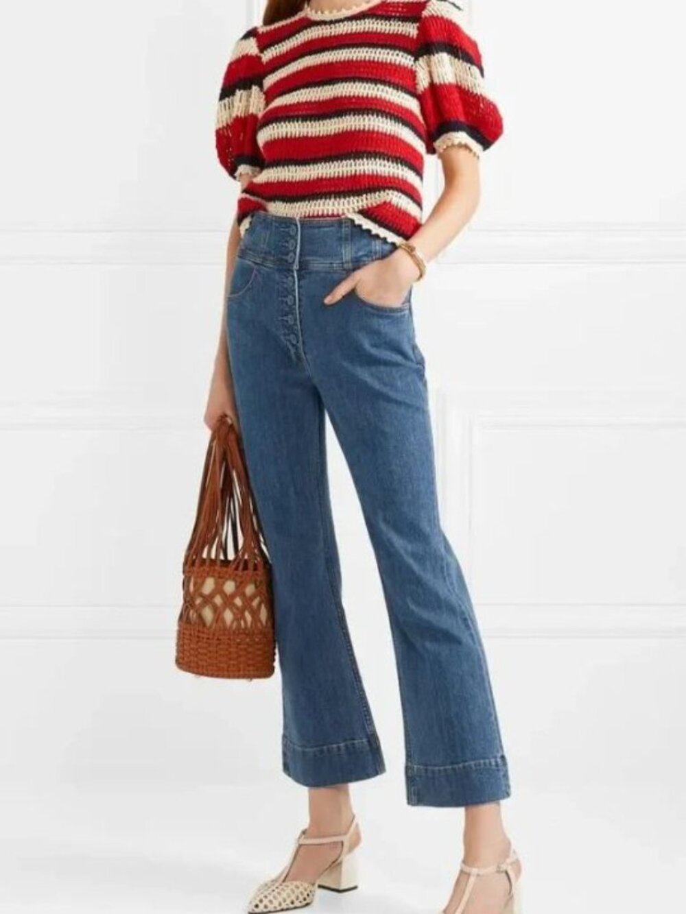Ulla Johnson Ellis High Waist Button Front Denim Flare Jeans Size 8 Blue Crop